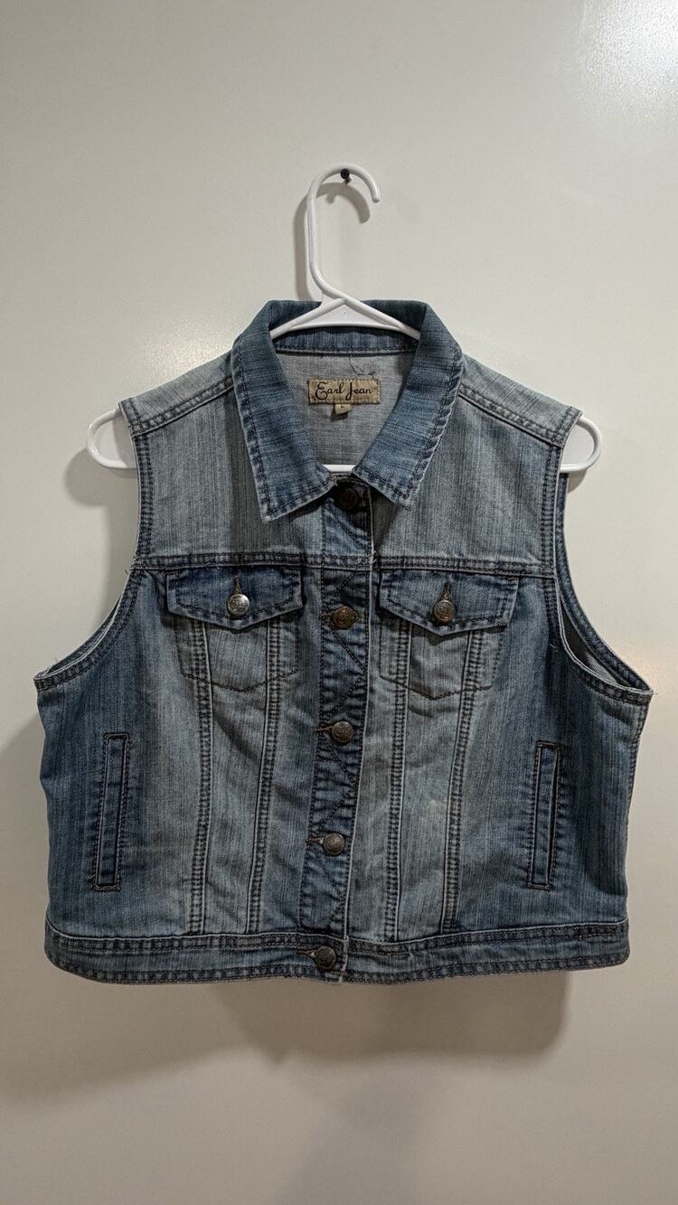 EARL JEAN Women's Cropped Classic Denim Trucker Vest Lace Vintage Blue L